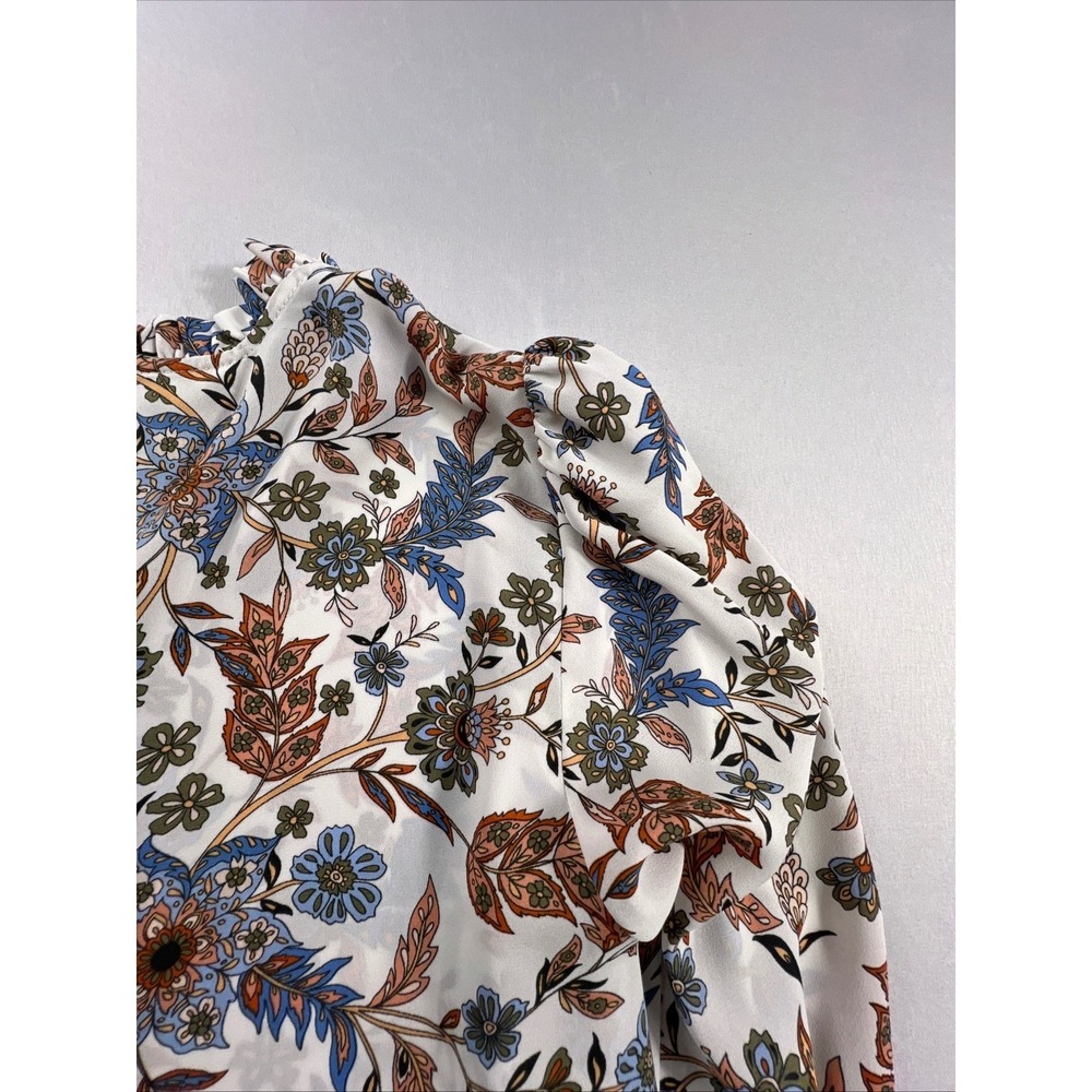 LOFT Womens Floral Ruffle Neck Blouse Small Long Sleeve Keyhole Top White - Picture 12 of 13